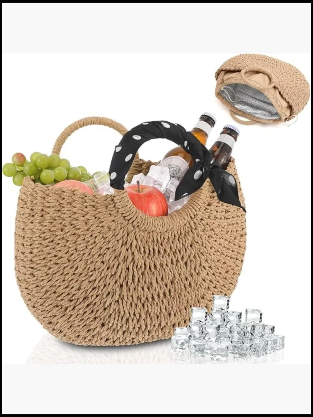 Insulated Straw Beach Cooler Bag Woven Tote Drawstring Closure Leak Proof Picnic